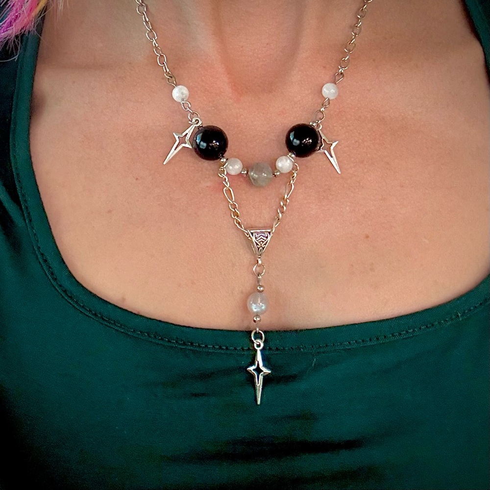Layered Goth/Victorian Necklace - Moonstone, Labradorite, Obsidian